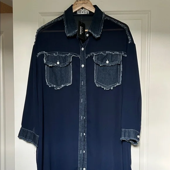 Kate Hewko NWT Sheer Denim Trim Button Up Dress Tunic one size - Picture 2 of 8